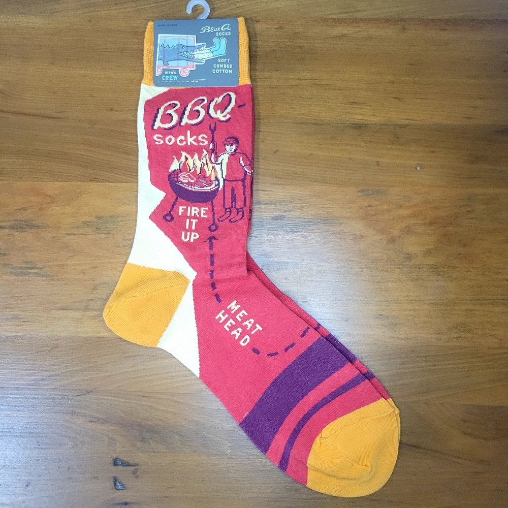 Sock Blue Q Crew Men Women BBQ Grill Meat Head Steak Fire it Up Red NEW 🔥